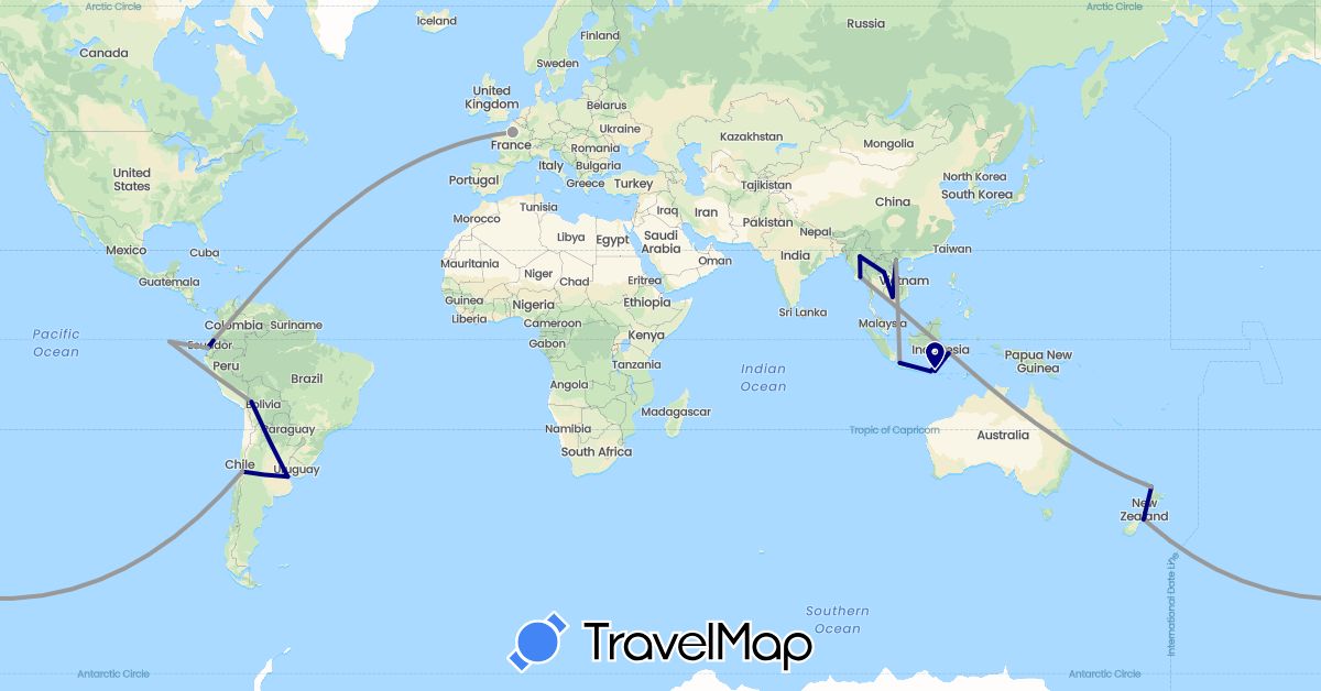 TravelMap itinerary: driving, plane in Argentina, Chile, Ecuador, France, Indonesia, Cambodia, Laos, Myanmar (Burma), New Zealand, Vietnam (Asia, Europe, Oceania, South America)